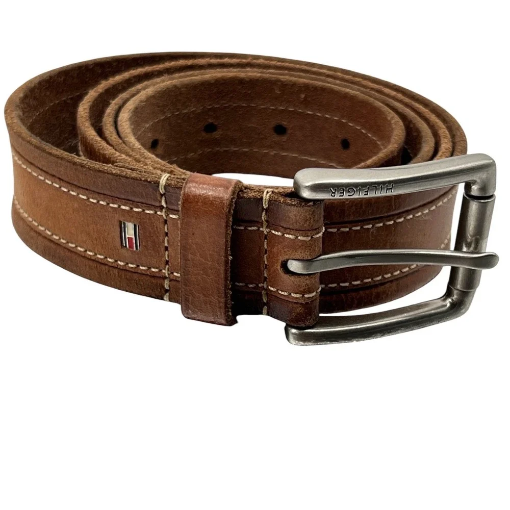 Tommy Hilfiger Leather Belt XL Brown Contrast Stitch Rugged Americana Preppy